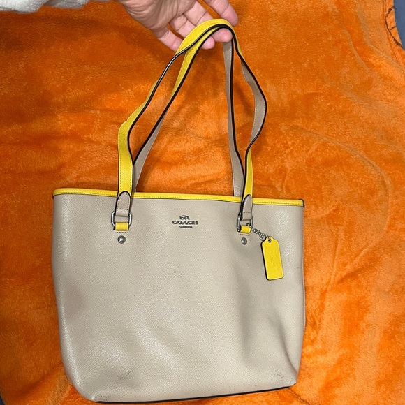 Coach Beige Tote with Yellow Trim - Picture 1 of 5